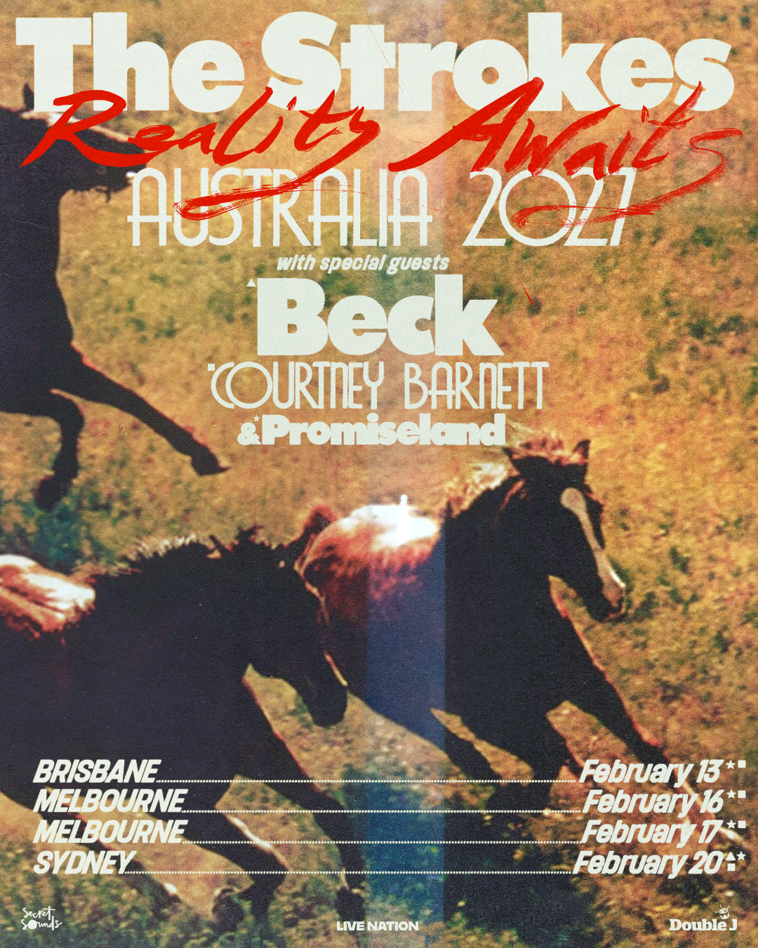 The Strokes tour poster for Australia 2027 featuring special guests Beck, Courtney Barnett, and Promiseland above running horses.